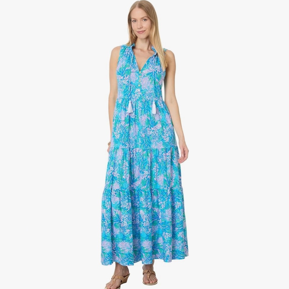 Lilly Pulitzer Tropical Blue and Pink Maxi Dress